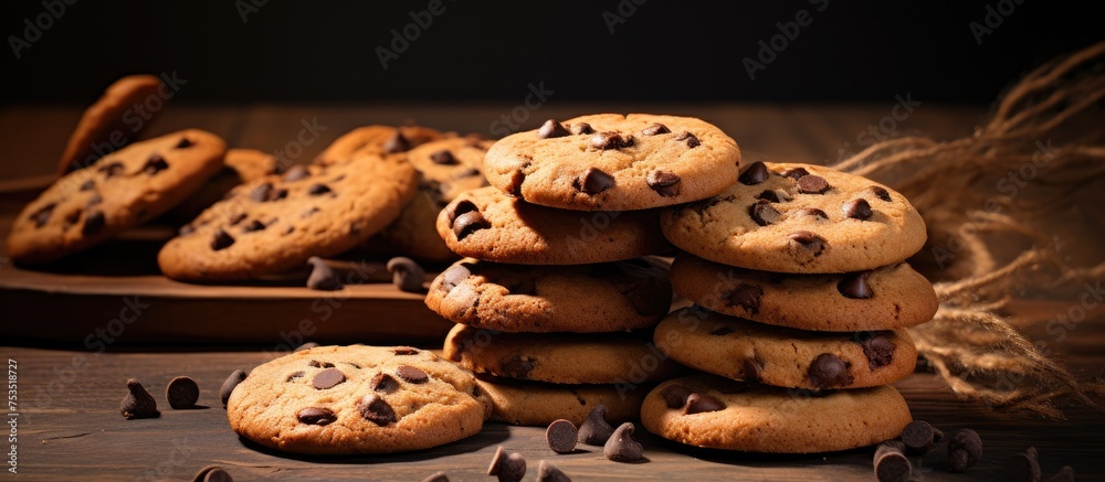 Poster homemade delight: assorted chocolate chip cookies piled up on rustic wooden table