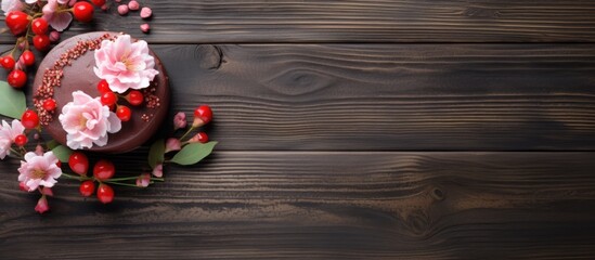 Scrumptious Chocolate Cake Adorned with Juicy Cherries on Rustic Wooden Background
