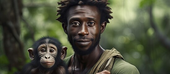 Tender Moment: Man Caringly Holding a Baby Chimp in a Heartwarming Gesture of Connection - obrazy, fototapety, plakaty