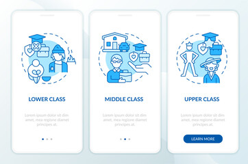 Class structure blue onboarding mobile app screen. Social stratification walkthrough 3 steps editable instructions with linear concepts. UI, UX, GUI template. Myriad Pro-Bold, Regular fonts used