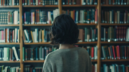 Thoughtful person standing before a bookshelf, immersed in a world of knowledge.