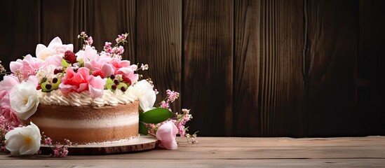 Fototapeta na wymiar Deliciously Decorated Cake Adorned with Vibrant Blooms, Perfect for Celebrations