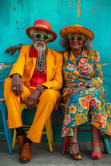 Fototapeta na wymiar An elderly couple exudes confidence in strikingly colorful attire against a turquoise backdrop