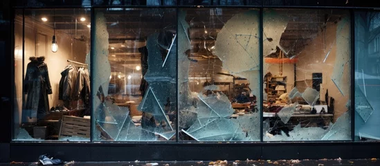 Foto op Plexiglas Urban Decay: Dramatic shattered broken window in abandoned building on city street © vxnaghiyev
