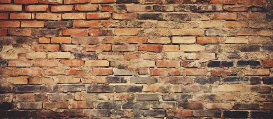A close-up view of an old brick wall with a vintage tone effect. The focal point is a clock hanging on the wall, surrounded by weathered bricks and mortar.