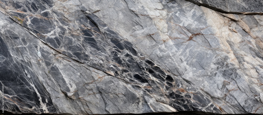 Fototapete close-up view of a black and white marble textured surface, showcasing intricate patterns and veinin