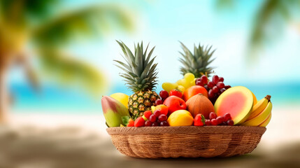 tropical natural fruit basket on summer background