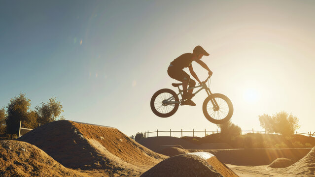 Cyclist catches air on a dirt track at golden hour. - Powered by Adobe