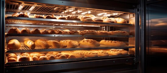 Variety of Fresh Bread Displayed in a Glass Bakery Case, Delicious Pastry Selection