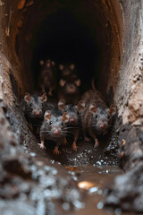Rats looking from the tunnel of the sewers. Group of wild animals in nature.