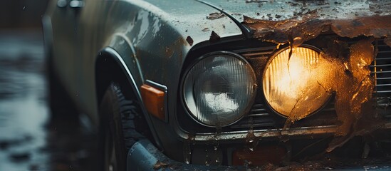 Dramatic Car with Headlight Blazing in Intense Fiery Burnout - obrazy, fototapety, plakaty