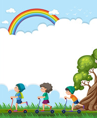 Obraz na płótnie Canvas Children playing with scooters near a tree and rainbow.