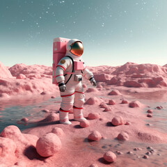 astronaut on the pink planet looking at the moon