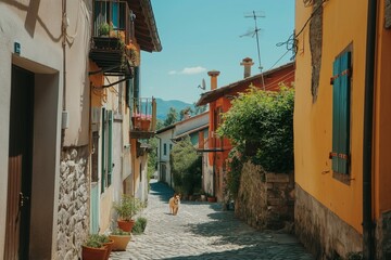 Fototapeta na wymiar view of old town in Europe, small bright contrasting houses in a medieval village, a cheerful dog runs along the street