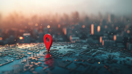 Digital Network Connectivity Concept with Red Map Pin and Cityscape - obrazy, fototapety, plakaty
