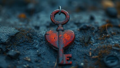 Vintage heart-shaped key in soil, love concept, secret, mystery, unlocking emotions.