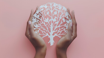 Hands with brain paper cutout isolated on pink background. World mental health day concept. Generative AI