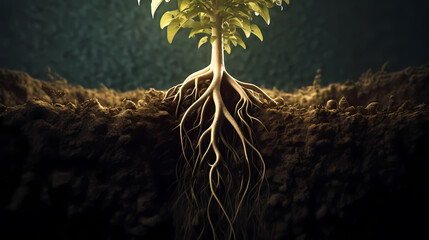 Close-up of tree roots in soil, underground texture - obrazy, fototapety, plakaty