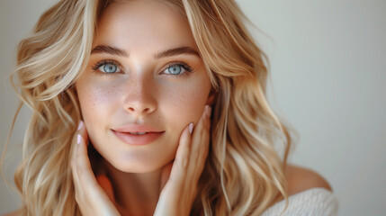 A blonde woman with blue eyes touches her face, showcasing natural makeup on a studio background. - obrazy, fototapety, plakaty