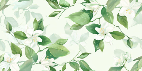Jasmine with exquisite petals, white petals with light green leaves, cute and dreamy. Light green background with soft colors