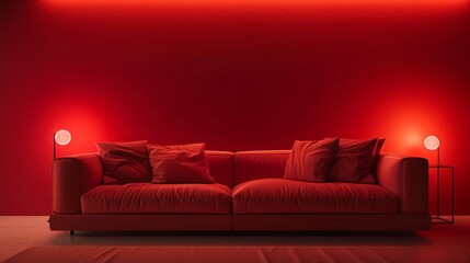 Fototapeta na wymiar Modern designer red sofas against a red solid color background, creating a minimalist atmosphere
