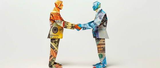 A full body shot of two businessmen shaking hands, depicted as origami figures crafted from colorful banknotes