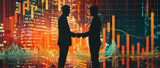A full body shot of two businessmen shaking hands, transformed into stylized bit video game sprites, with a pixelated graph showing a market surge behind them