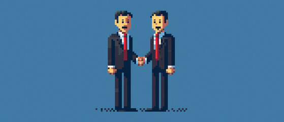 A full body shot of two businessmen with mischievous smiles, shaking hands, their figures transformed into iconic bit video game sprites