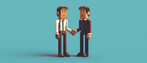 A full body shot of two businessmen with mischievous smiles, shaking hands, their figures transformed into iconic bit video game sprites