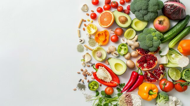 A realistic top view showcases various fresh and healthy foods arranged neatly on a white background