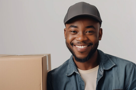 Smiling delivery black man wearing a cap, embracing a brown box, casual yet professional appearance, prompt and warm delivery service concept
