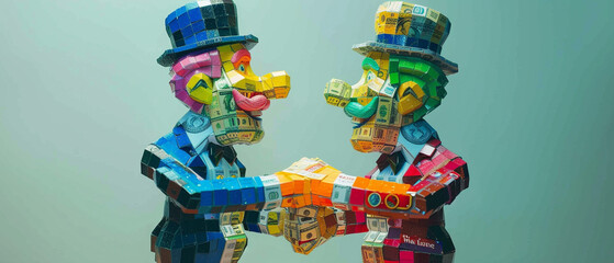 A wide angle shot of two businessmen, sculpted entirely from colorful Monopoly money, shaking hands with exaggerated smiles
