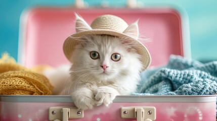 White kitten cat in suitcase, showcasing their fluffy fur and adorable blue eyes. background holiday banner