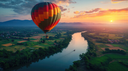 Hot air balloon flying over city colorful landscape with clouds reflected in a serene lake river. background travel banner copy space area