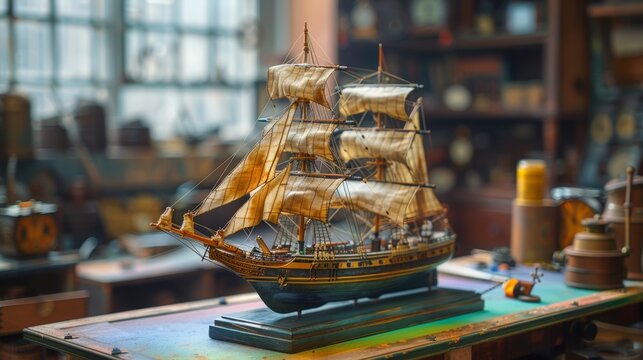 机の上に置かれた帆船の模型,Generative AI AI画像