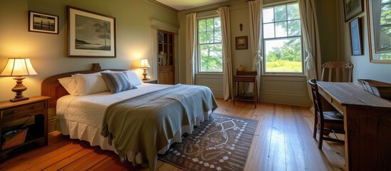 A comfortable bedroom with a queen bed near a wooden table and window.