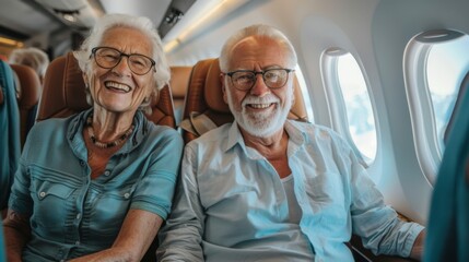 Cheerful elderly couple wife and husband sitting in airplane near window and enjoy their fly. - obrazy, fototapety, plakaty