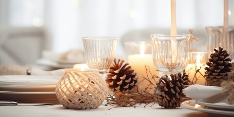 Scandinavian-style festive table setting for Christmas and New Year, with handmade rustic details in natural and white tones. Decorated with pine cones, branches, and candles.