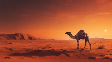 Papier Peint photo autocollant Rouge 2 Saharan Solace: A Lone Camel's Silhouette Against the Setting Sun Generative AI