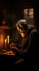 Obraz na płótnie Canvas illustration of spanish mannight prayer at home candle side view digital, Generative ai