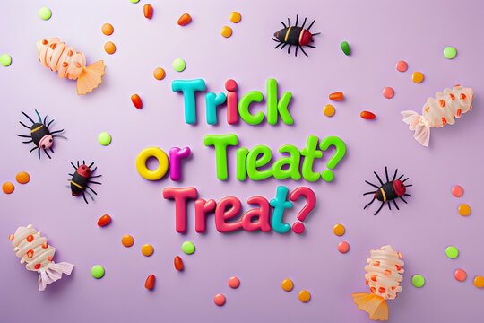 Halloween  banner with "Trick or Treat?" in a fun, bold font, cartoonish candy and fake bugs scattered around, on a light purple background.