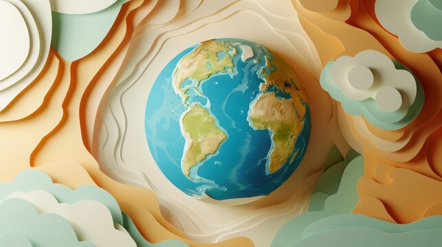 Earth planet paper cut 3D render style