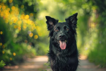 Joyful Black Dog on Forest Path Basking in Sunlight with Tongue Out - Generative AI