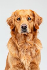 Serenely Poised Golden Retriever Sits with Dignity Against White - Generative AI