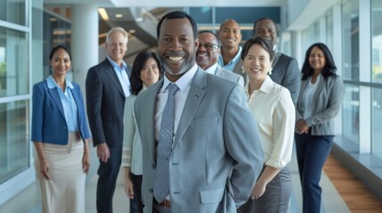 Advertising photo featuring a team of marketing experts, managers, directors, and regulators in a modern corporate office, smiling and standing facing the camera