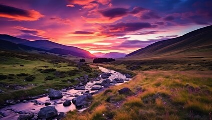 Obraz premium Breathtaking Sunset Over Scottish Glens with Vibrant Skies - Nature's Majesty Generative AI