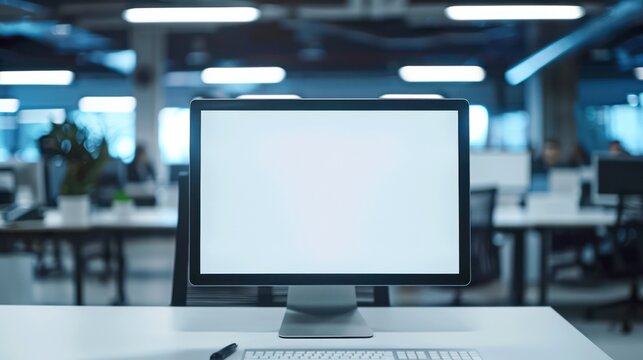 Blank white screen monitor mockup with a modern office workspace background