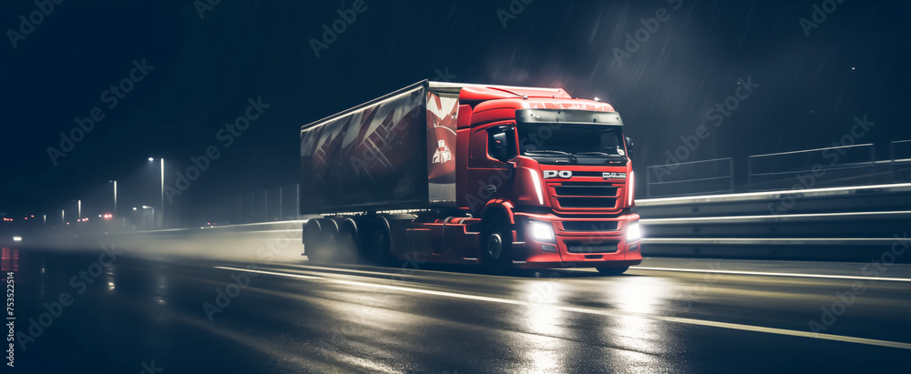 Wall mural red semi truck speeding on highway at night in rain