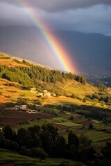 Rainbow Cresting Over a Picturesque Hilltop Village at Dusk Generative AI