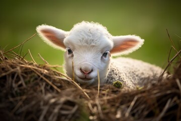 Obraz premium Portrait of a Newborn Lamb Finding its Feet in the Warm Sunshine Generative AI